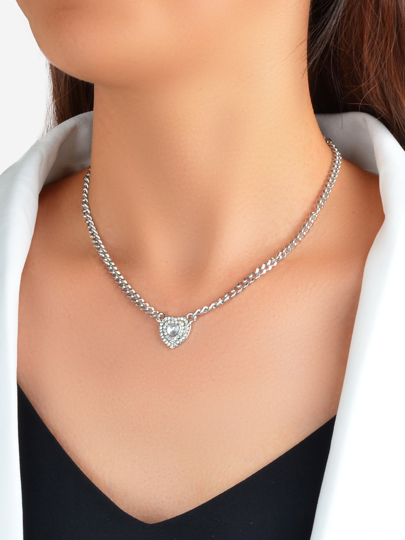 Textured Jewelry Silver Chain Full Rhinestone Heart Pendant Necklace Jewelry