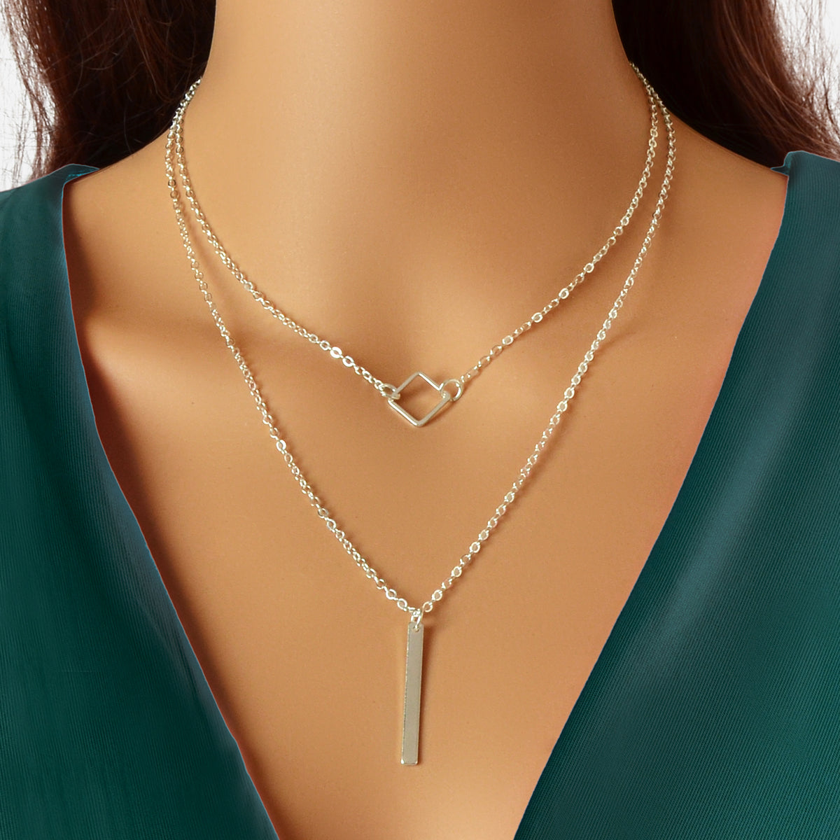 Double Layer Silver Chain Y-Style Square Bar Pendant Necklace Party Accessory