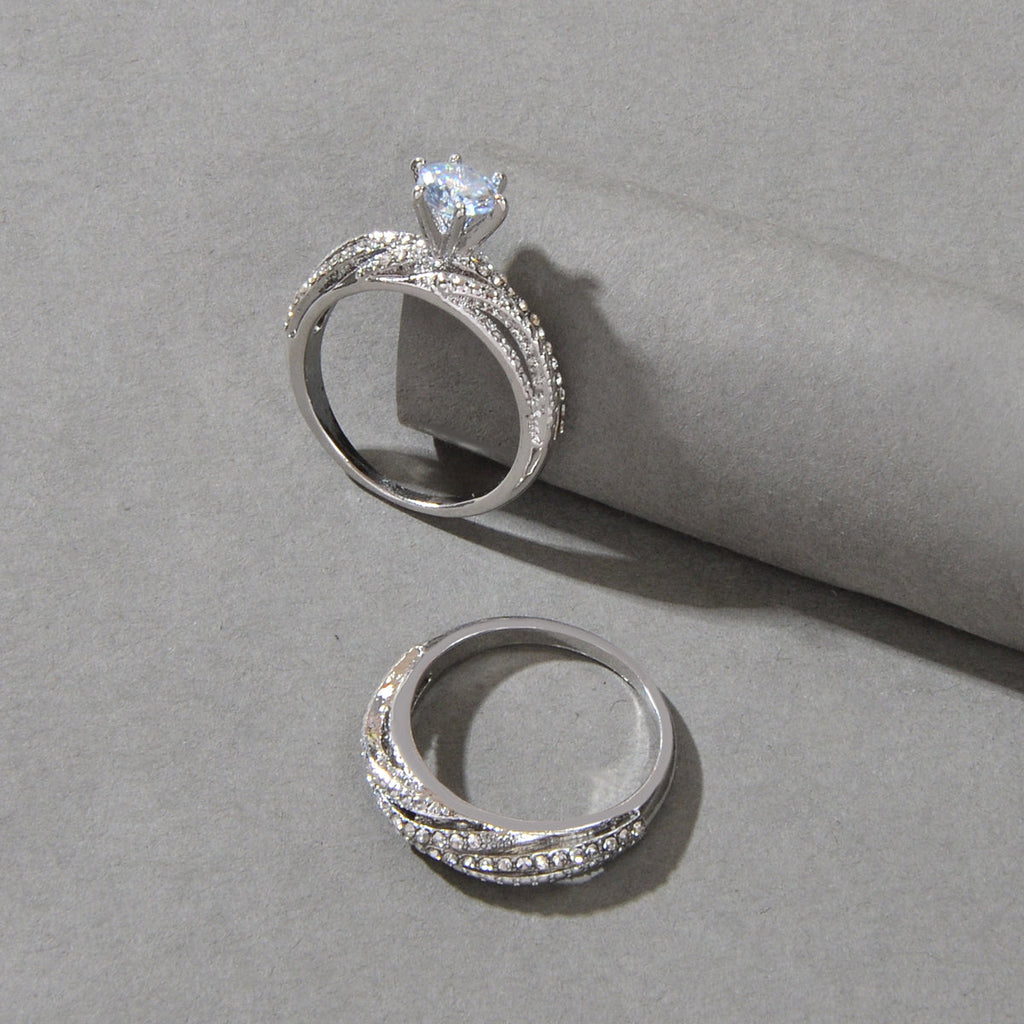2 pcs Wedding Jewellery Luxurious Rhinestone Silver Finger Ring Bridal Ring Band