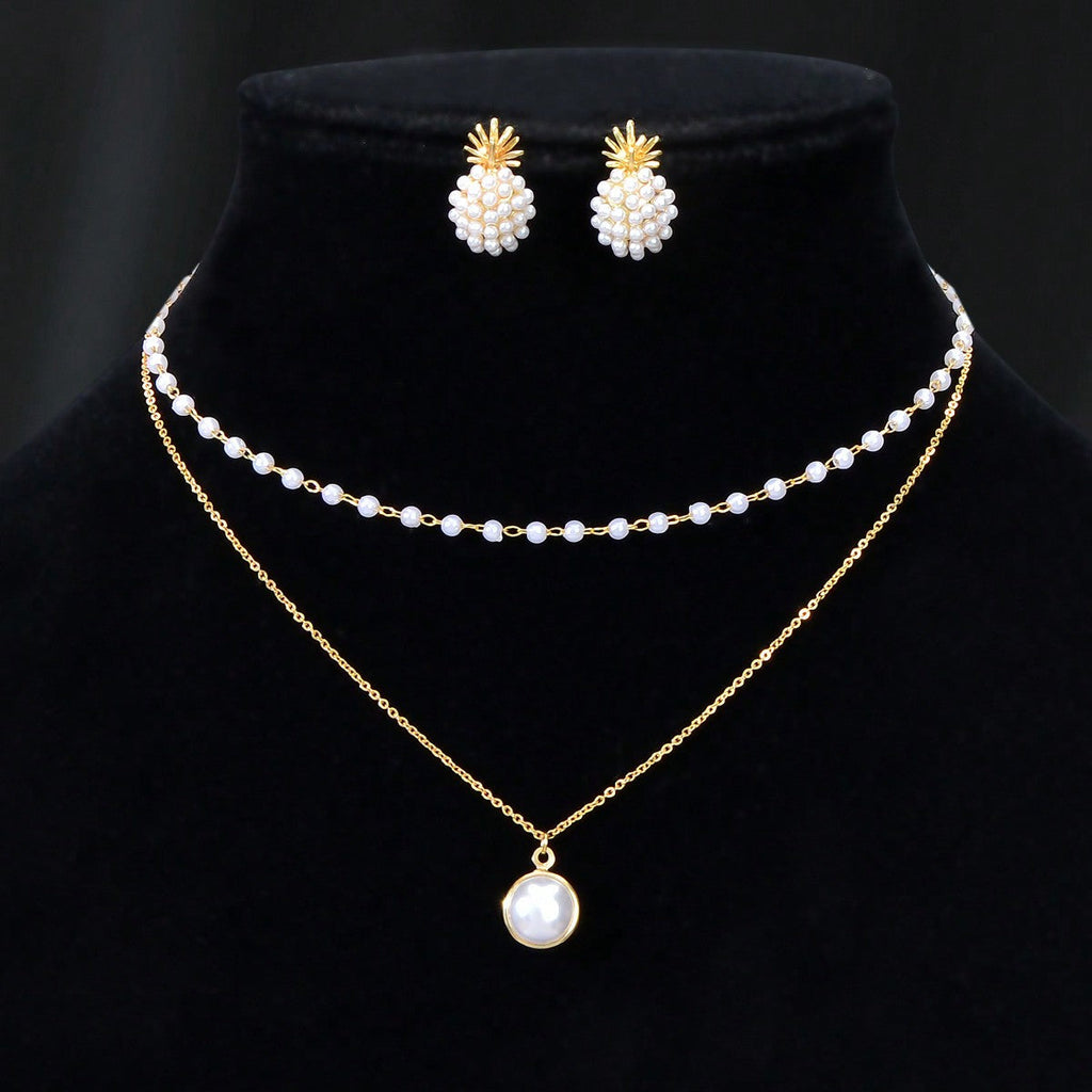 Pearl Pendant Double Layer Necklace & Pineapple Pearl Earrings Jewellery Set