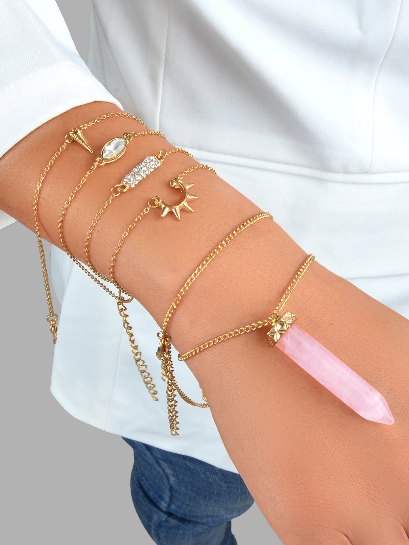 5pcs Boho Chic Gold Chain Rhinestone Spike Pink Hexagonal Gemstone Bracelets set