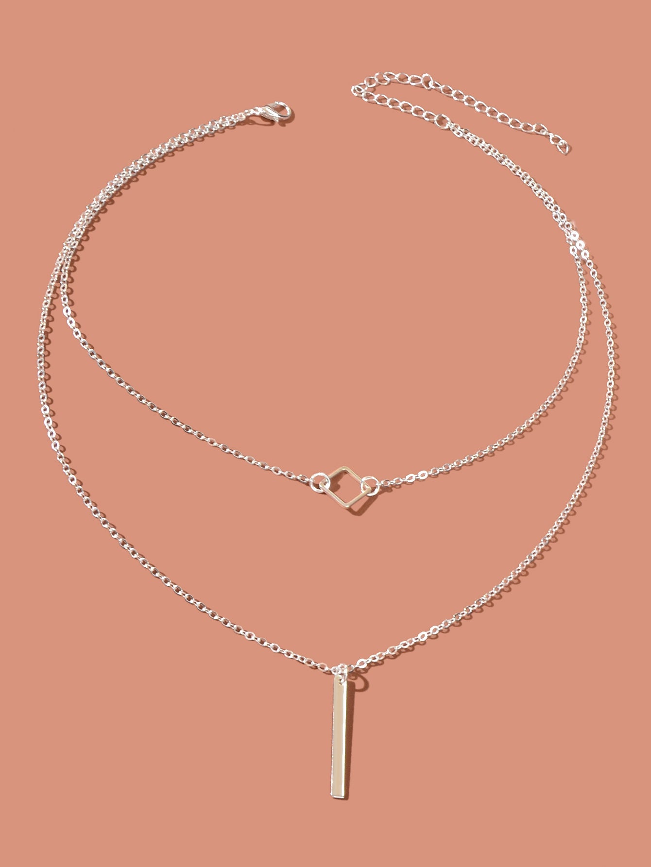 Double Layer Silver Chain Y Style Square Bar Pendant Necklace Party Accessories