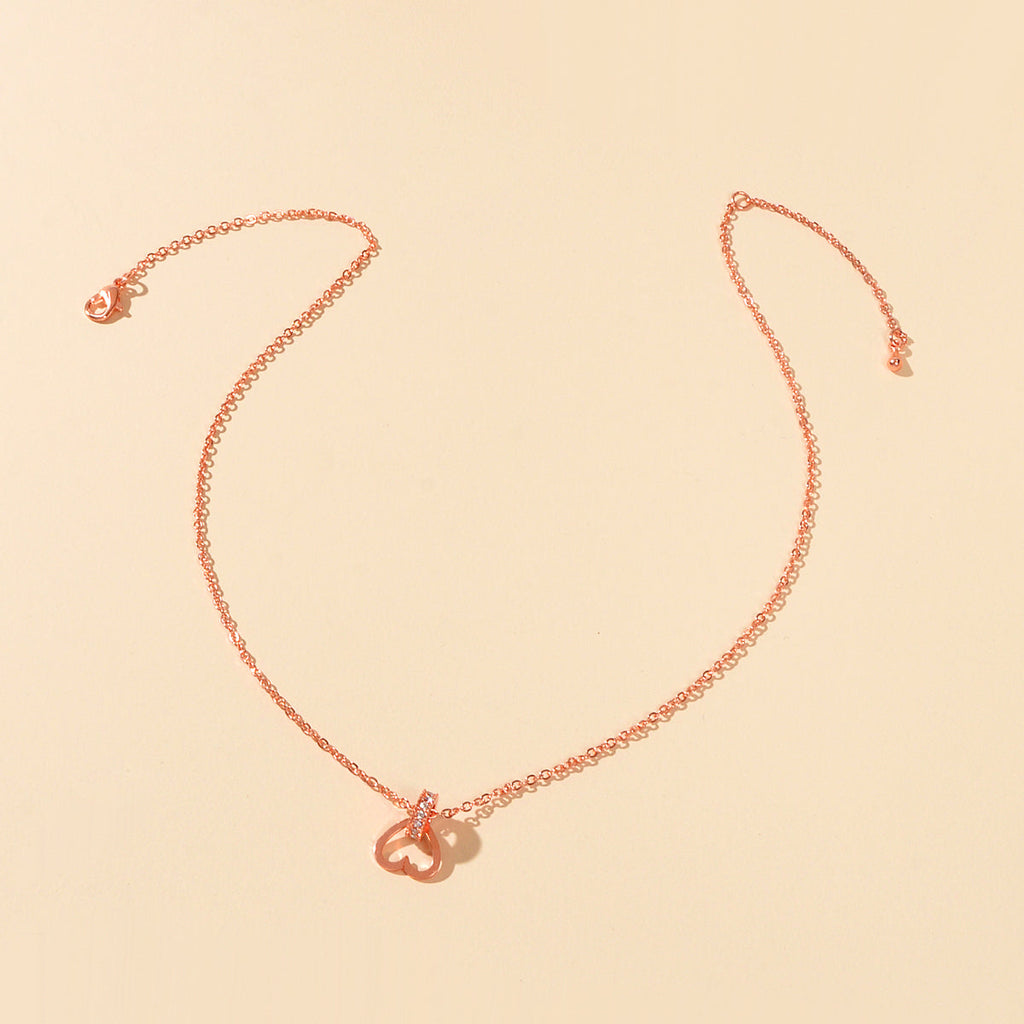 Wedding Engagement Jewelry Rose Gold Chain Rhinestone Circle Heart Charm Necklace