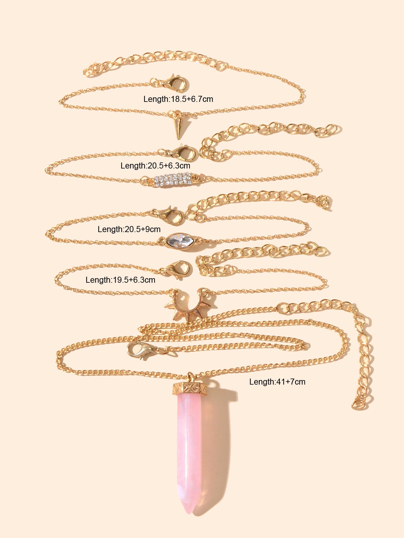 5pcs Boho Chic Gold Chain Rhinestone Spike Pink Hexagonal Gemstone Bracelets set
