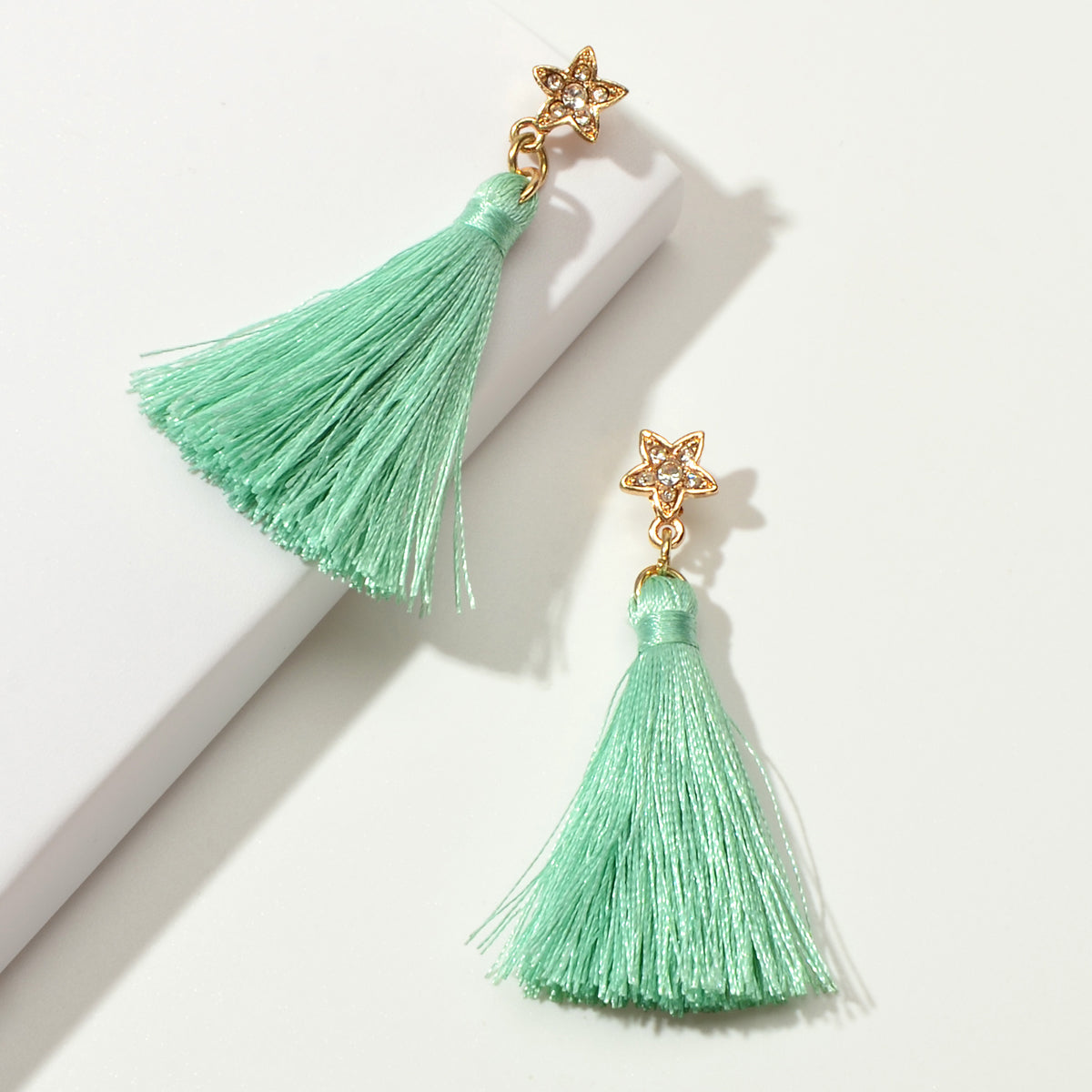 Bohemian Ethnic Jewellery Rhinestone Star Green Tassel Dangle Holiday Earrings
