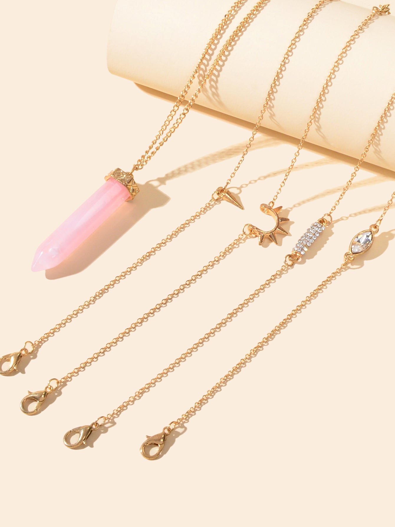 5pcs Boho Chic Gold Chain Rhinestone Spike Pink Hexagonal Gemstone Bracelets set